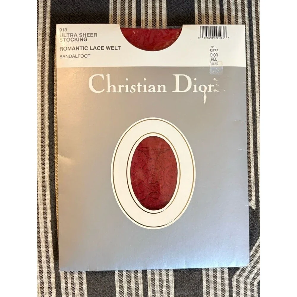 VTG Christian Dior Red Lace Top Ultra Sheer Thigh High Stockings Size 2